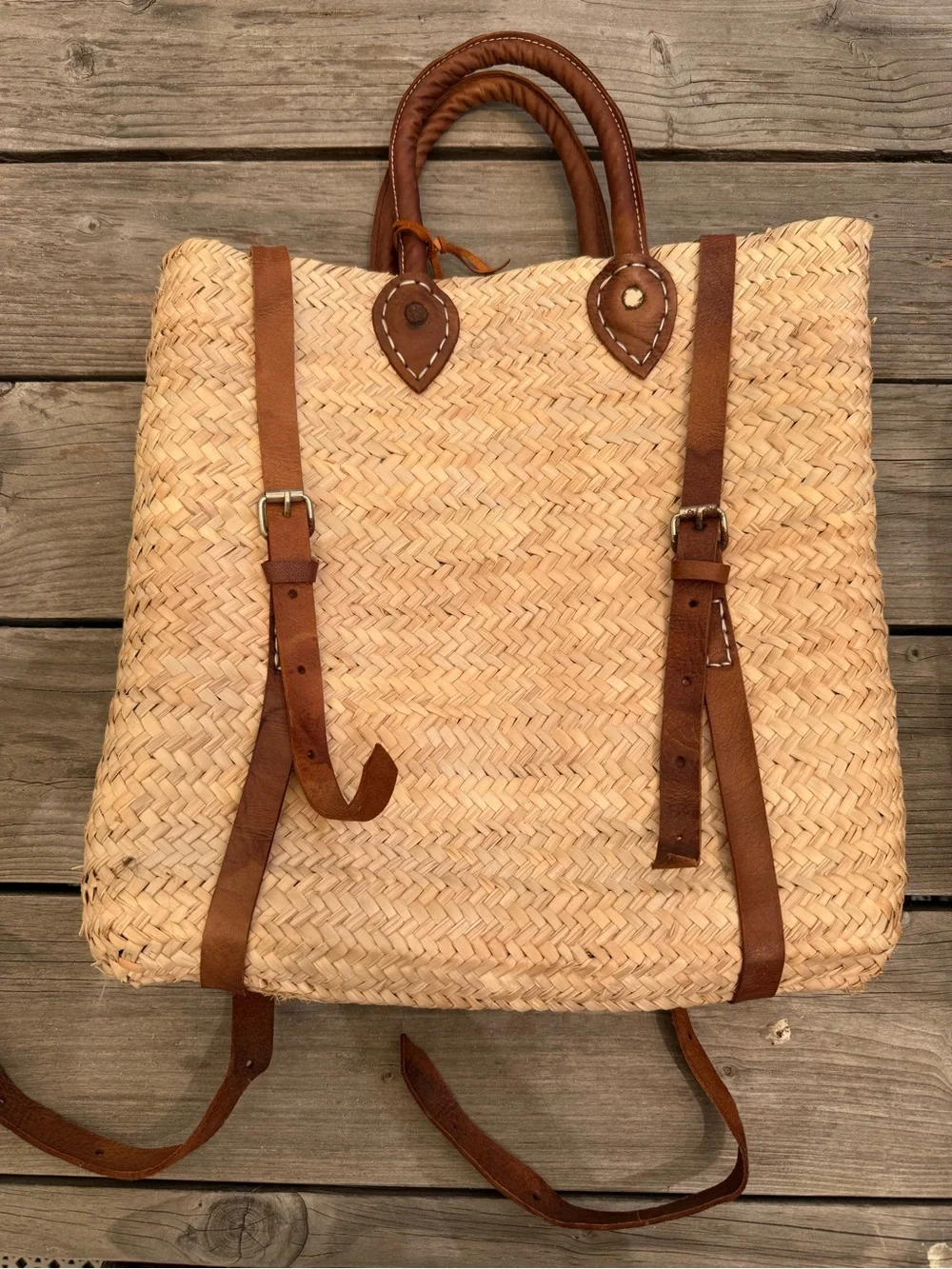 Natural Straw Backpack with Brown Leather Trim